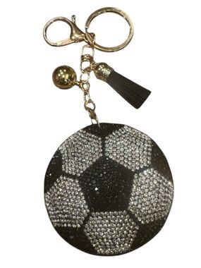Soccer Ball Bag Charm Keychain – Black & Silver Rhinestones with Tassel Accent